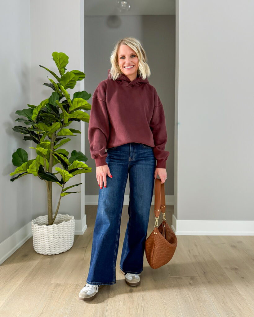 how to style wide leg jeans causally with a hoodie and sambas