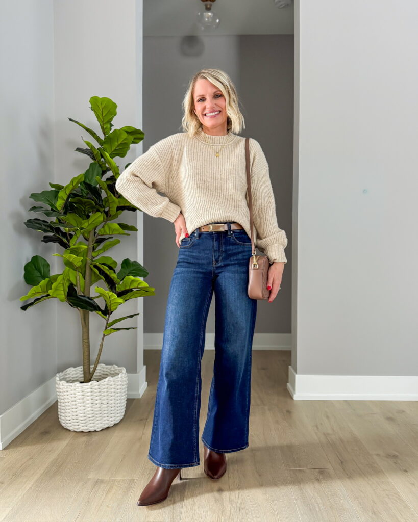 what to wear with wide-leg jeans outfit with heeled boots and sweater