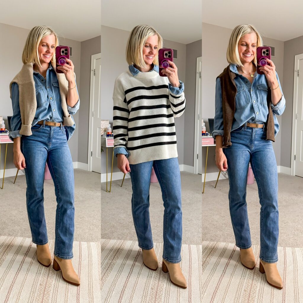 Mom Winter Capsule Wardrobe three outfit ideas for denim on denim