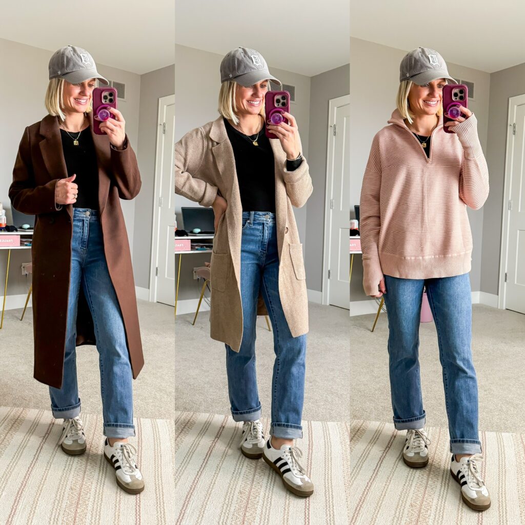 Mom Winter Capsule Wardrobe three outfits with cuffed jeans