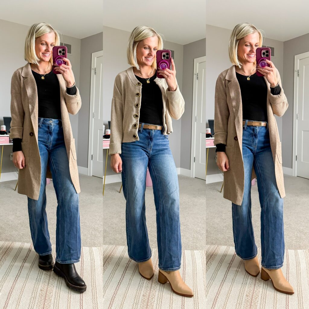 Mom Winter Capsule Wardrobe three outfit ideas with neutral cardigans and wide leg denim