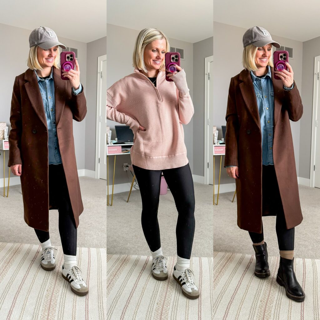 Mom Winter Capsule Wardrobe three outfit ideas with black leggings