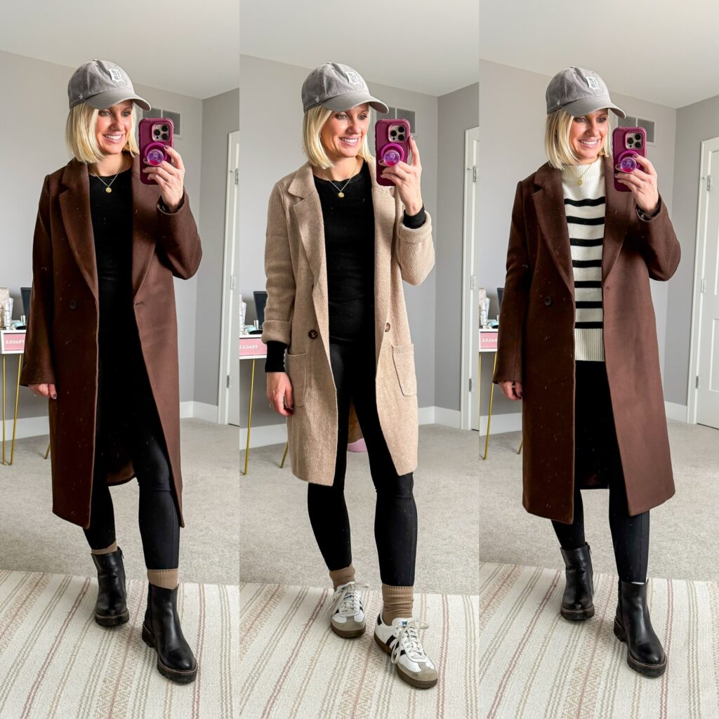 Mom Winter Capsule Wardrobe three mom outfits with oversized wool coats