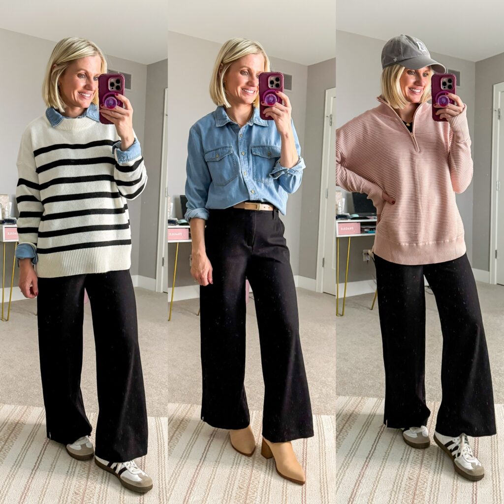 Mom Winter Capsule Wardrobe three mom outfits with wide leg pants