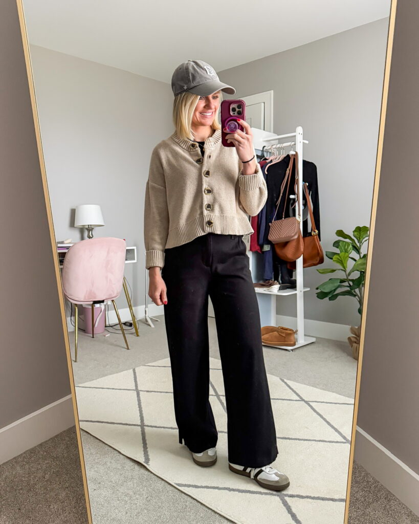 winter outfit idea wide leg pants with cropped cardigan