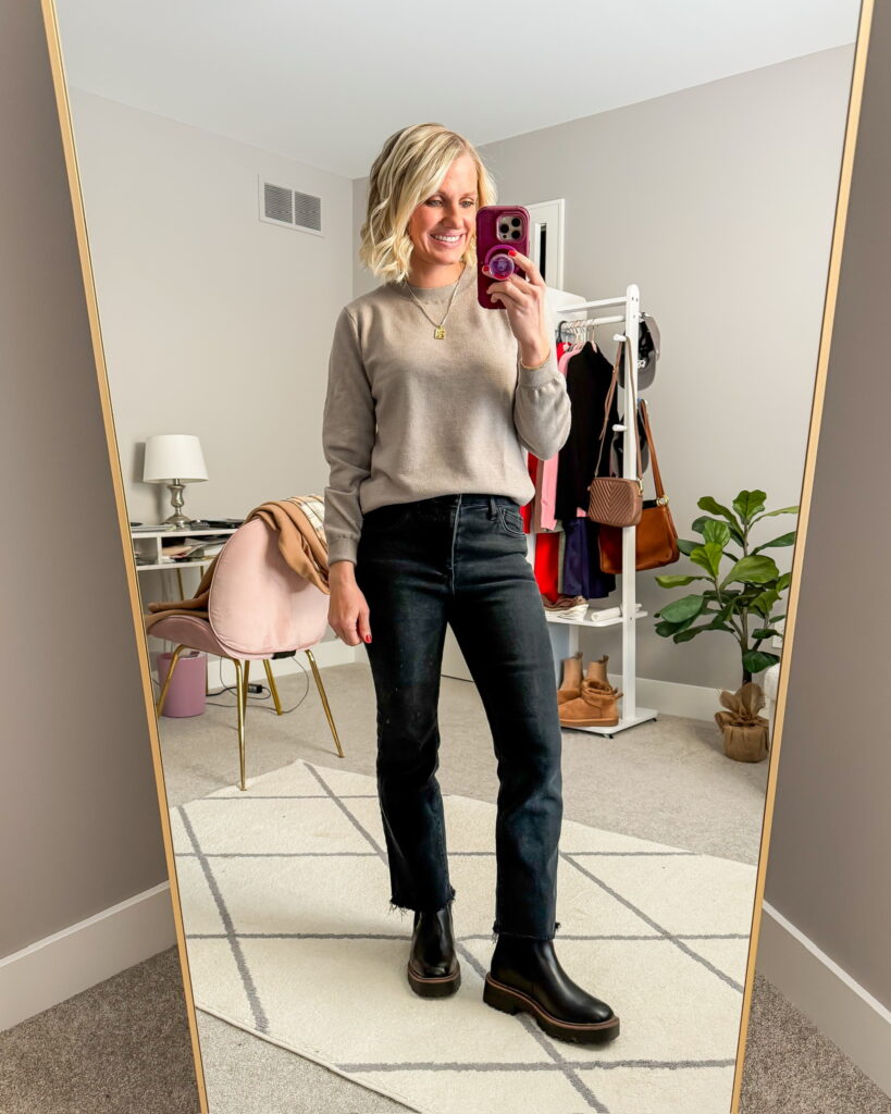 winter outfit idea cropped black jeans with chelsea boots