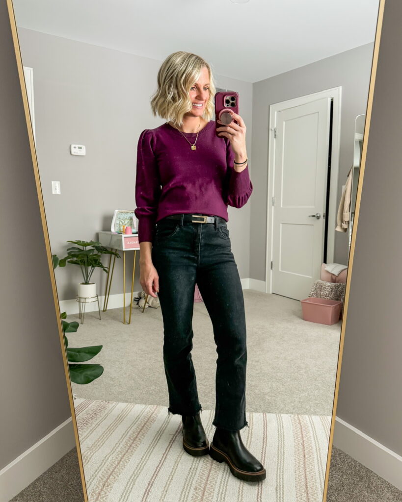 winter outfit idea black jeans and blouse with chelsea boots