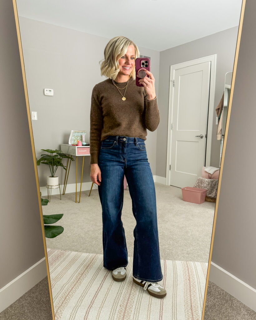 winter outfit idea with brown sweater and wide leg jeans