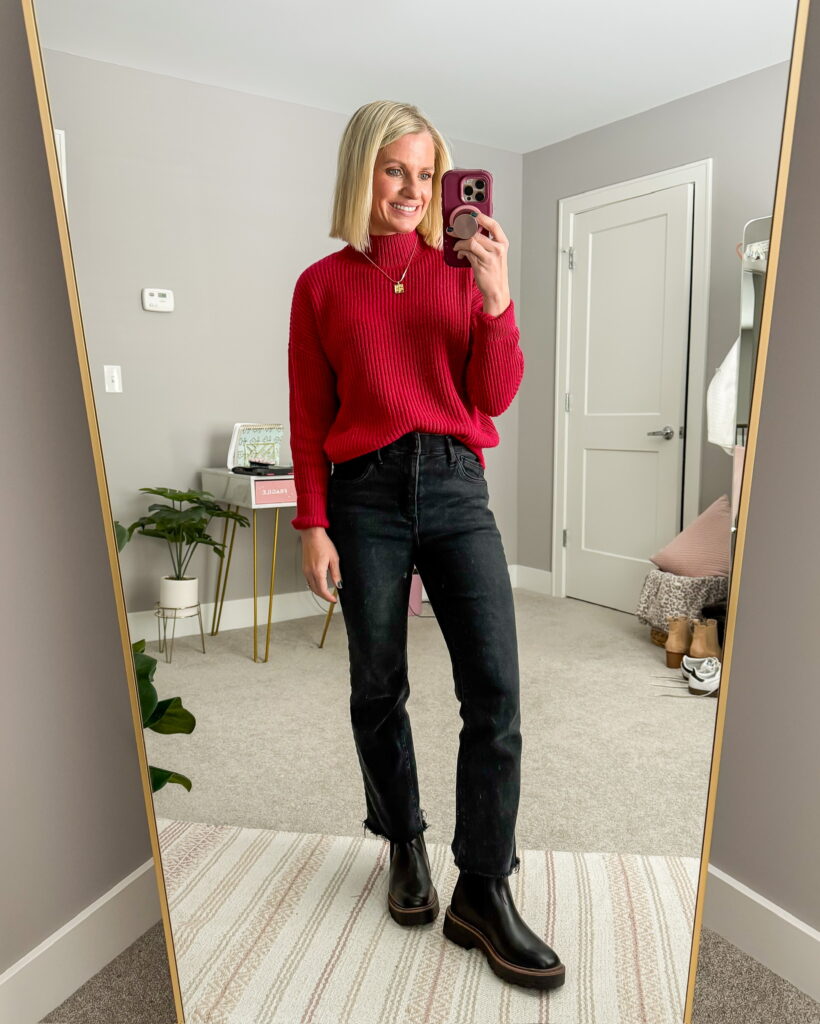 winter outfit idea red turtleneck and black jeans