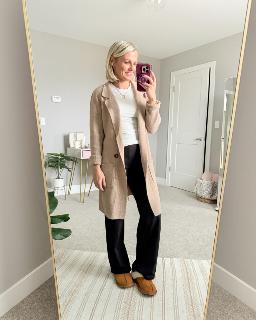 winter outfit tan coatigan and black wide leg pants