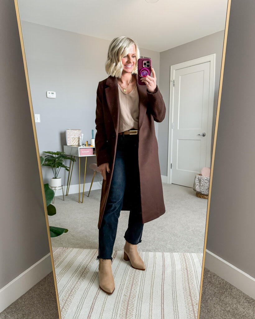 elevated winter outfit idea, brown wool coat with jeans outfit