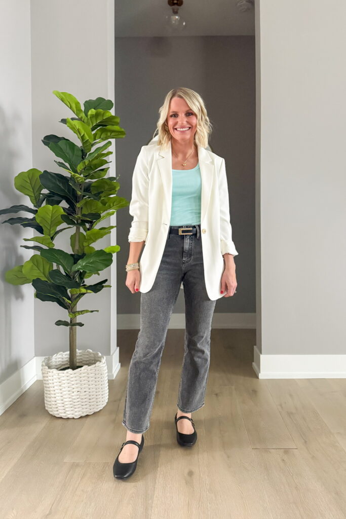 how to wear grey jeans with a white blazer