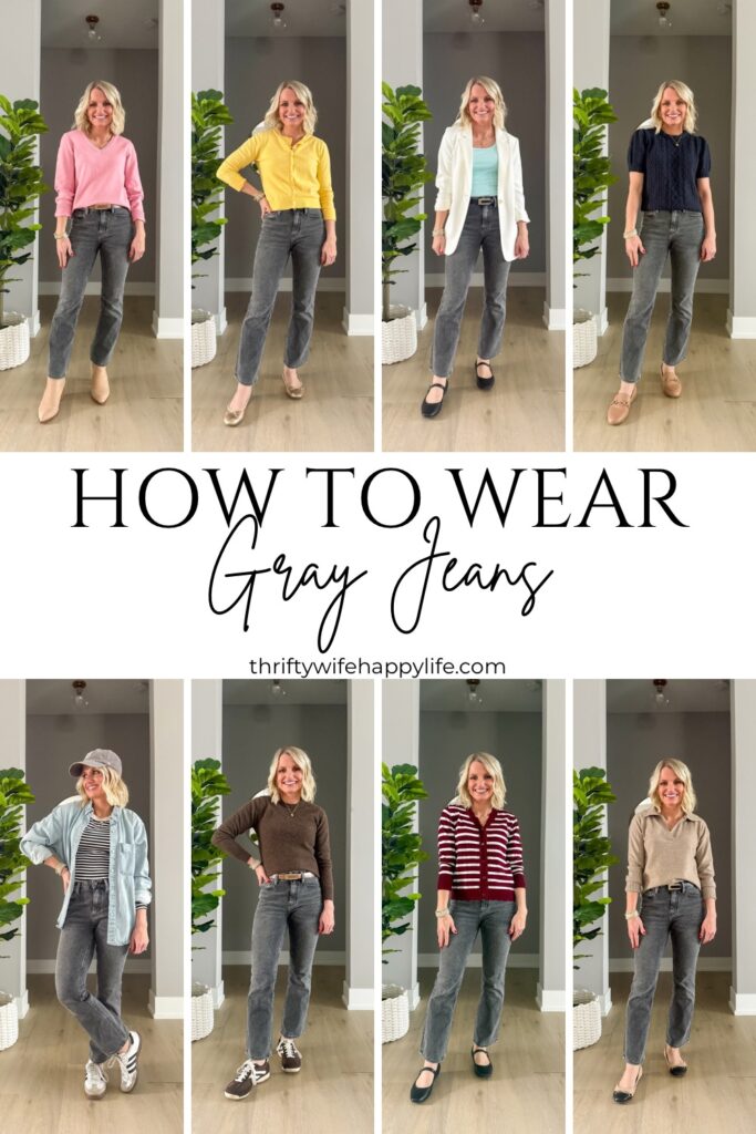 how to style grey jeans eight ways collage of outfits